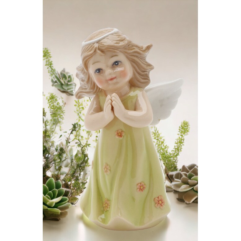 kevinsgiftshoppe Ceramic Angel In Green Dress Figurine Religious Decor Religious Gift Church Decor