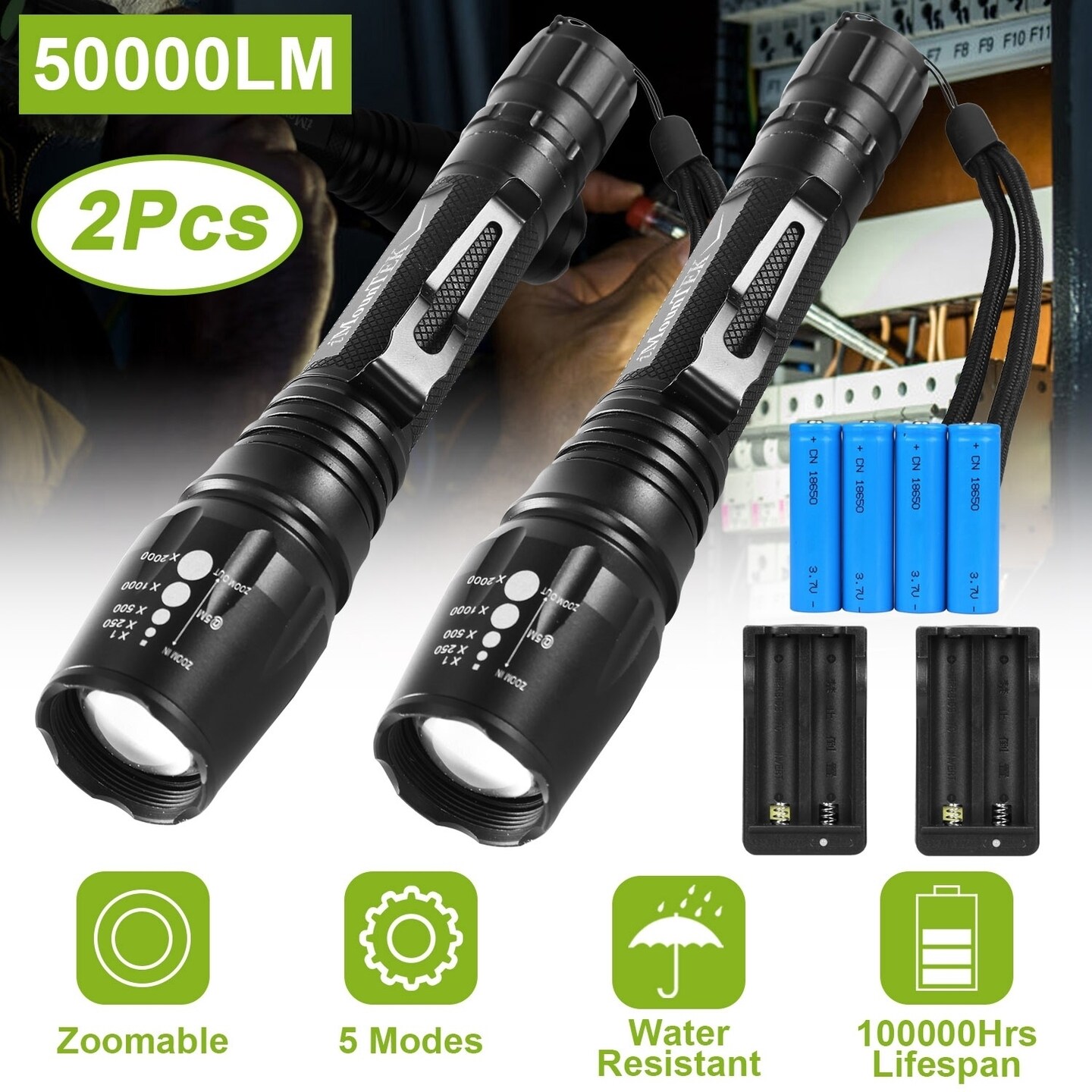 Global Phoenix 2Packs T6 Tactical Military LED Flashlight 50000LM Zoomable Rechargeable Flashlight Torch 5 Modes