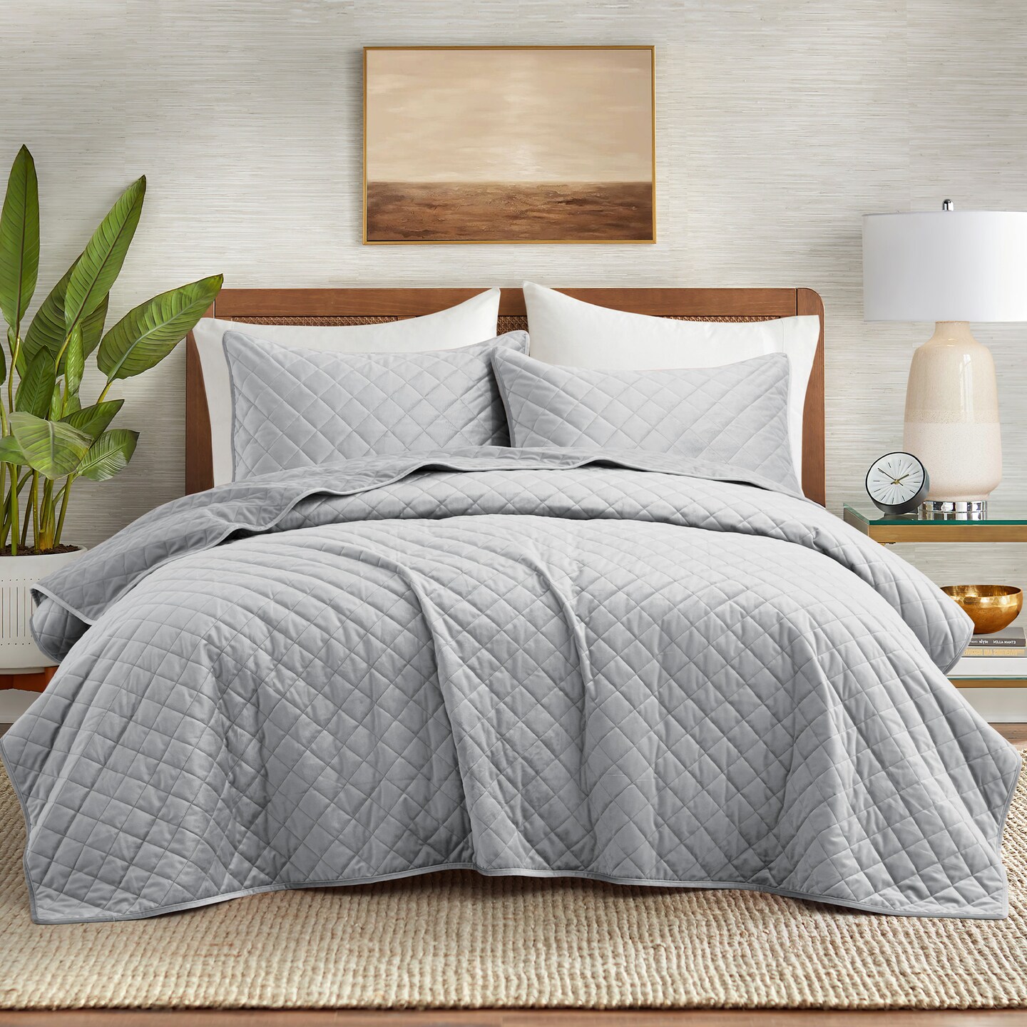 Luxurious Reversible Velvet Coverlet Set Shams Grey Twin Full Queen King