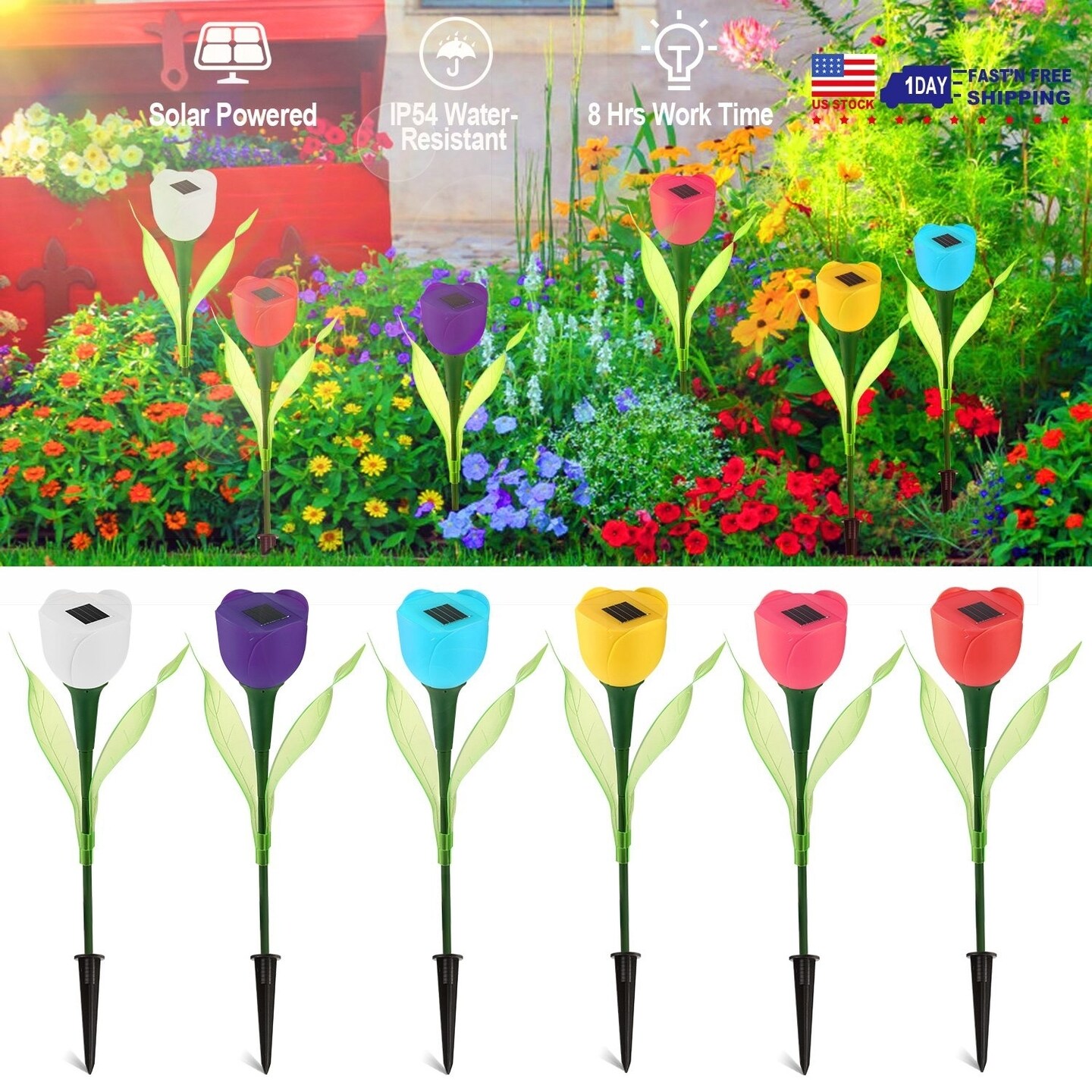 6 Pcs Solar Garden Tulip Flower Lights Led Colorful Waterproof Outdoor Ip54