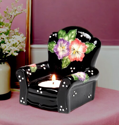 Ceramic Pansy Flowers Black Chair Tealight Candle Holder, Home Décor, Gift for Her, Gift for Mom, Kitchen Décor, Bathroom Decor