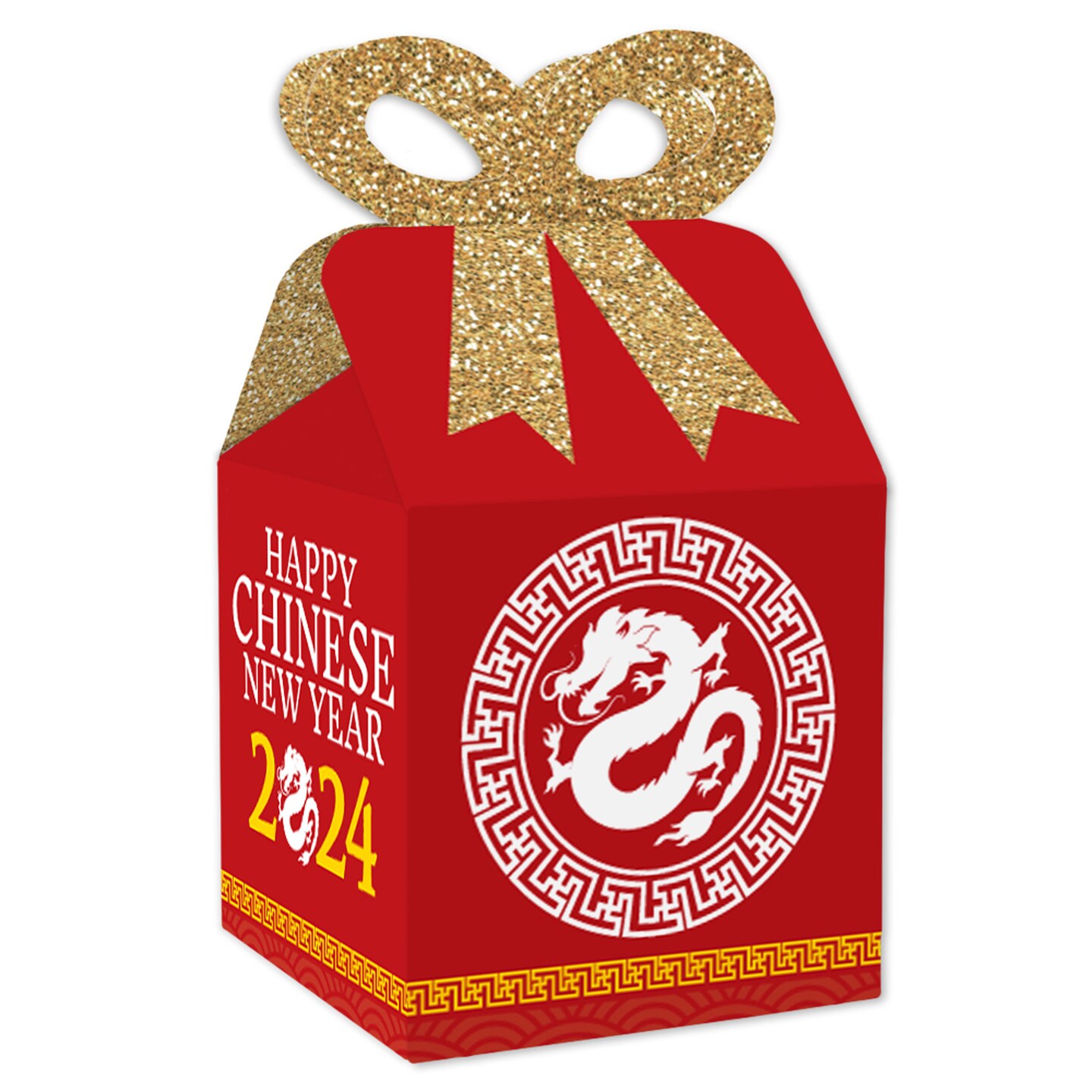 Big Dot of Happiness Chinese New Year - Square Favor Gift Boxes - 2024 Year of the Dragon Bow Boxes - Set of 12