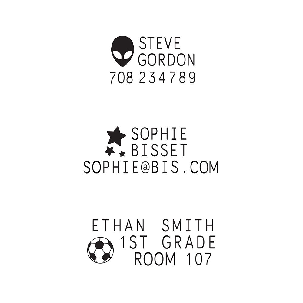 MINE Textile Possession Stamp with Indelible Ink, Characters, Pictograms, Thermo-Adhesive Ribbon and Tweezers