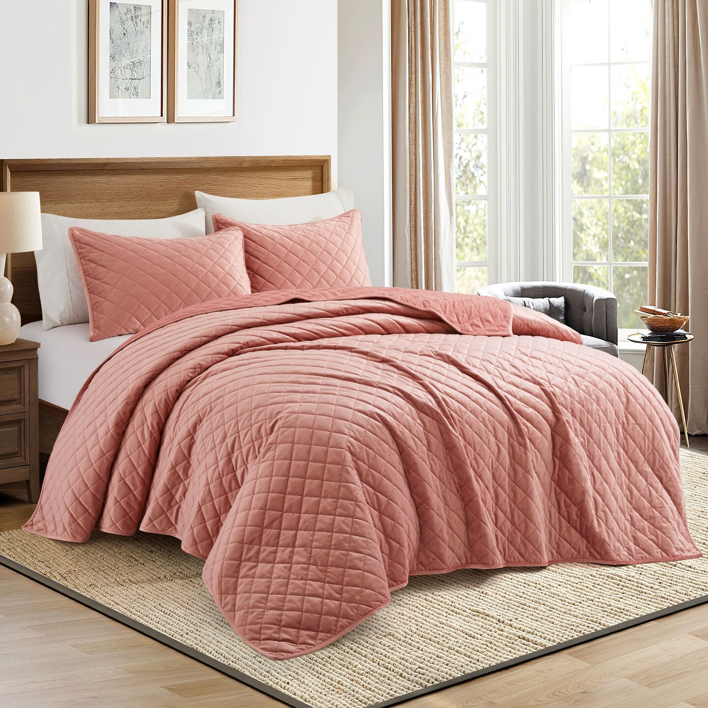 Reversible Velvet Coverlet Set With Shams Pink Twin Full Queen King 100% Polyester