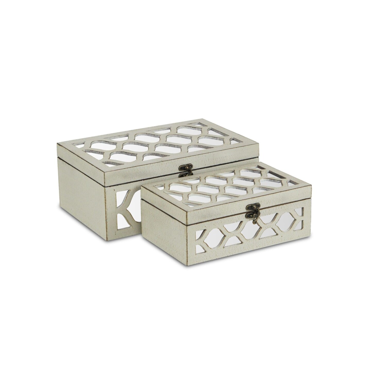 Contemporary Home Living Set of 2 White Rectangle Storage Boxes with Overlayed Mirror Panels 11.75&#x22;