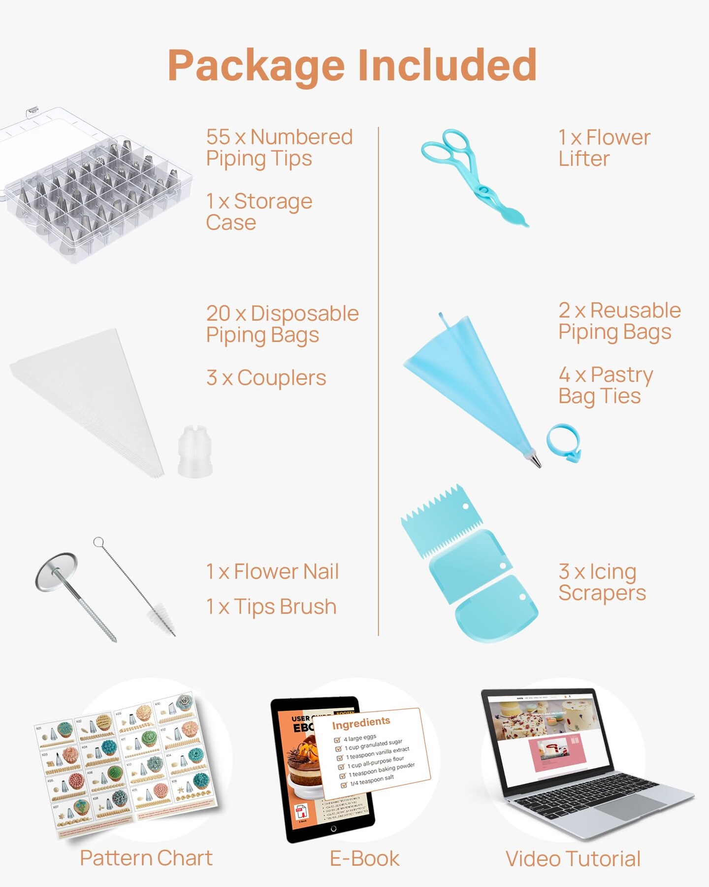 90 Pieces Piping Bags and Tips Set, Cake Decorating Supplies Kit with 55 Numbered Icing Piping Tips, 20+2 Pastry Bags for Cake Cupcake, Frosting Piping Kit with Booklet and eBook