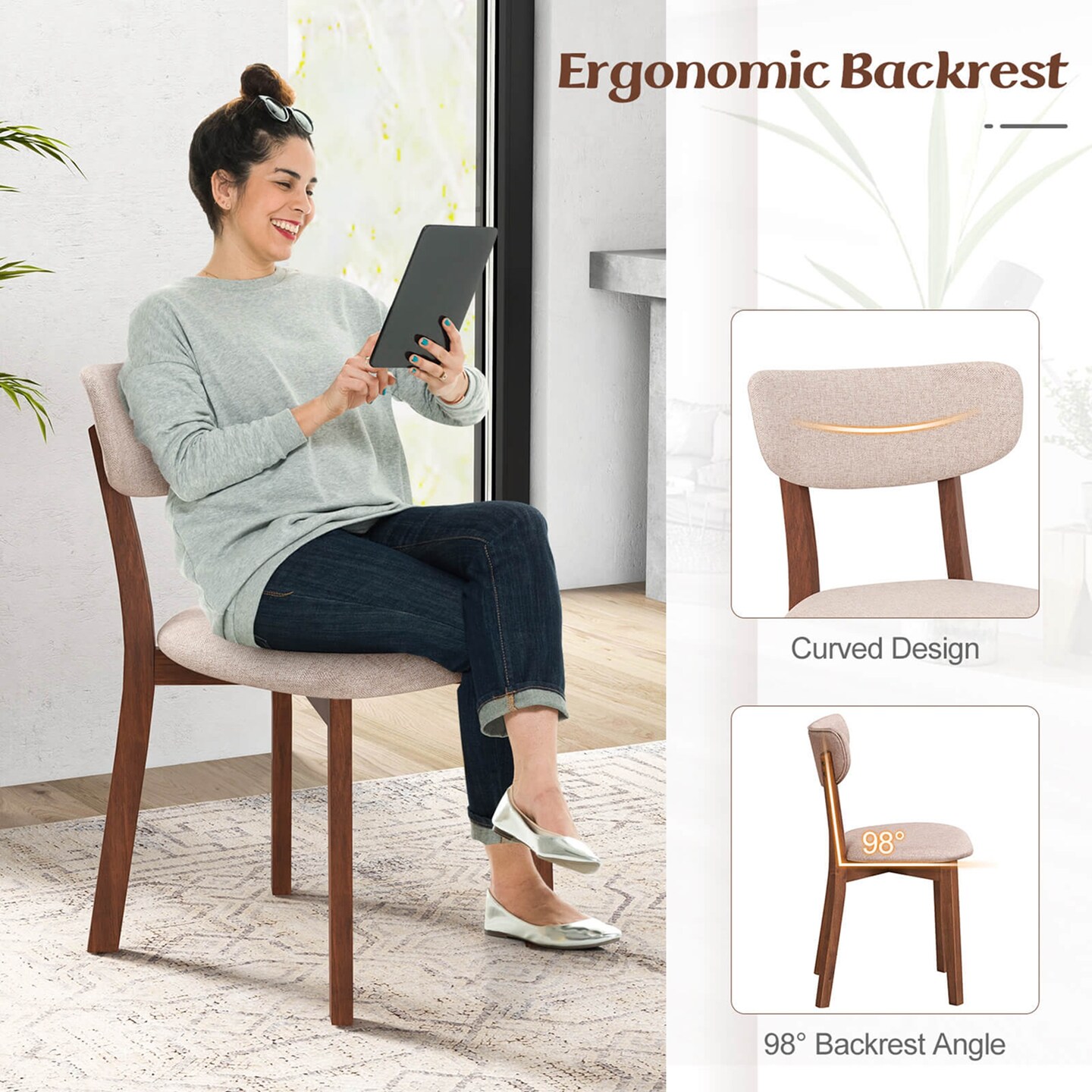 Costway 2 PCS Upholstered Dining Chairs Set of 2 with Solid Rubber Wood Frame, Curved Backrest Beige/Grey