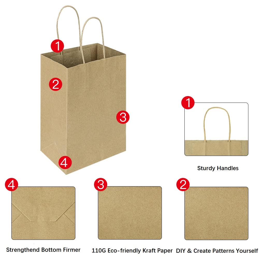 50 Pieces 5.25x3.25x8.25 Inch Small Gift Bags with Handles Bulk, Kraft Birthday Party Favors Grocery Retail Shopping Business Goody Bags, Craft Plain Natural Paper Bags Cub Sacks (Brown 50 Count)