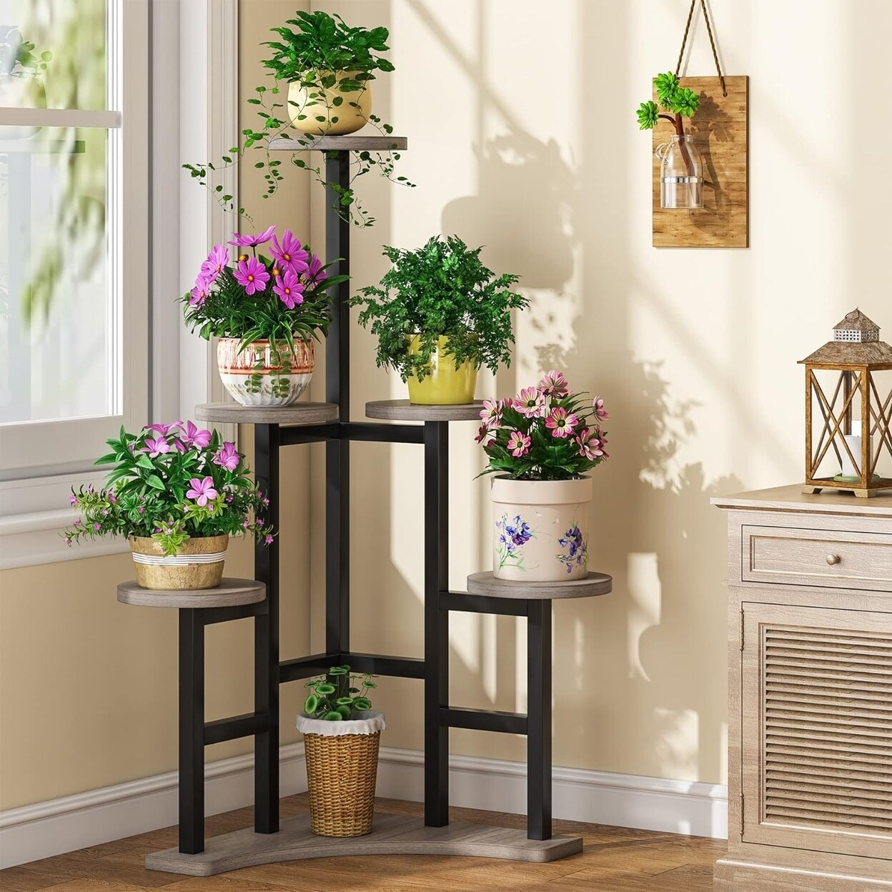 Tribesigns 6 Tier Corner Plant Stand Black Metal And Wood Indoor Display Rack