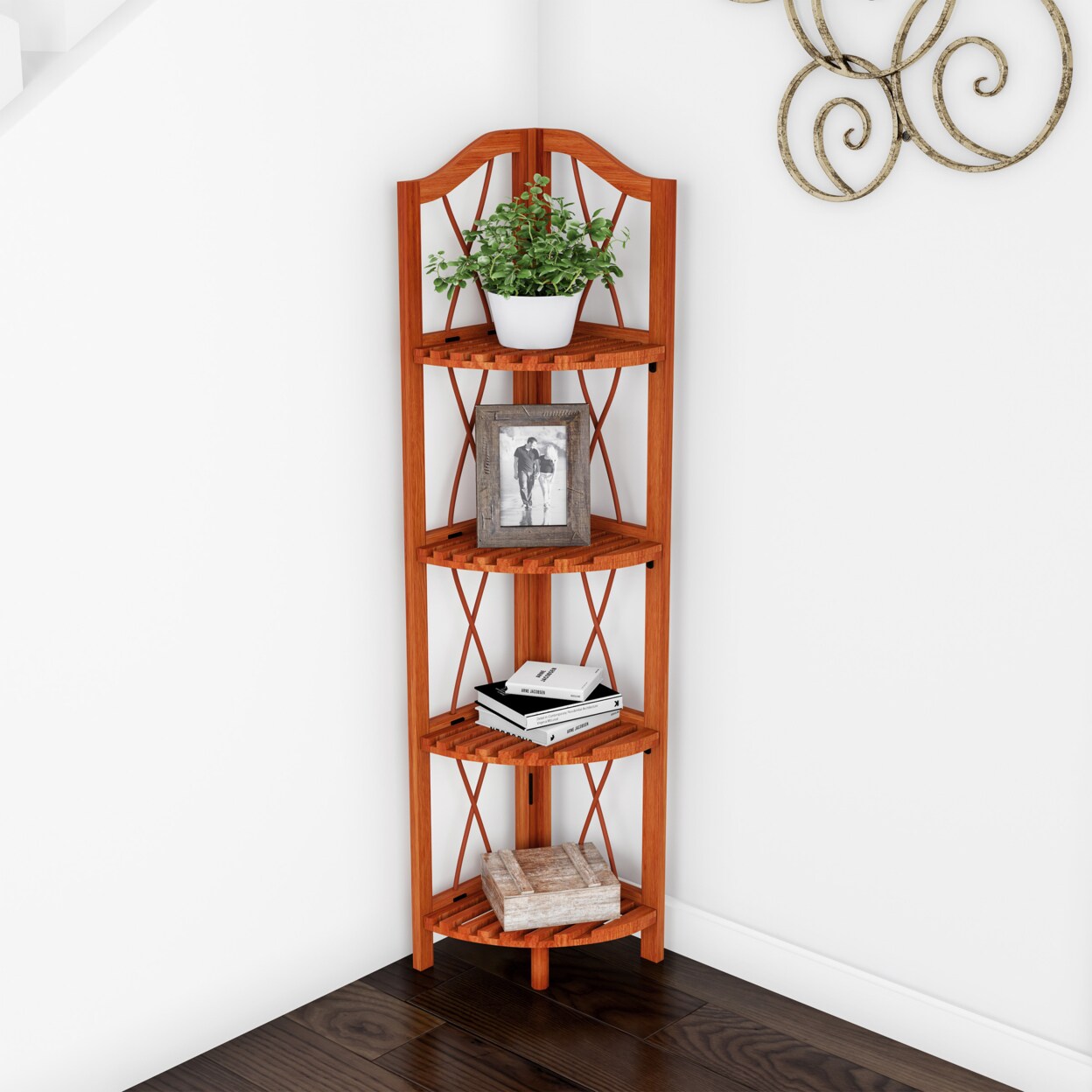 Lavish Home Folding Corner Shelf- 4 Tier Wooden Bookcase- For Display Shelving for Living Room Bathroom Kitchen or Office