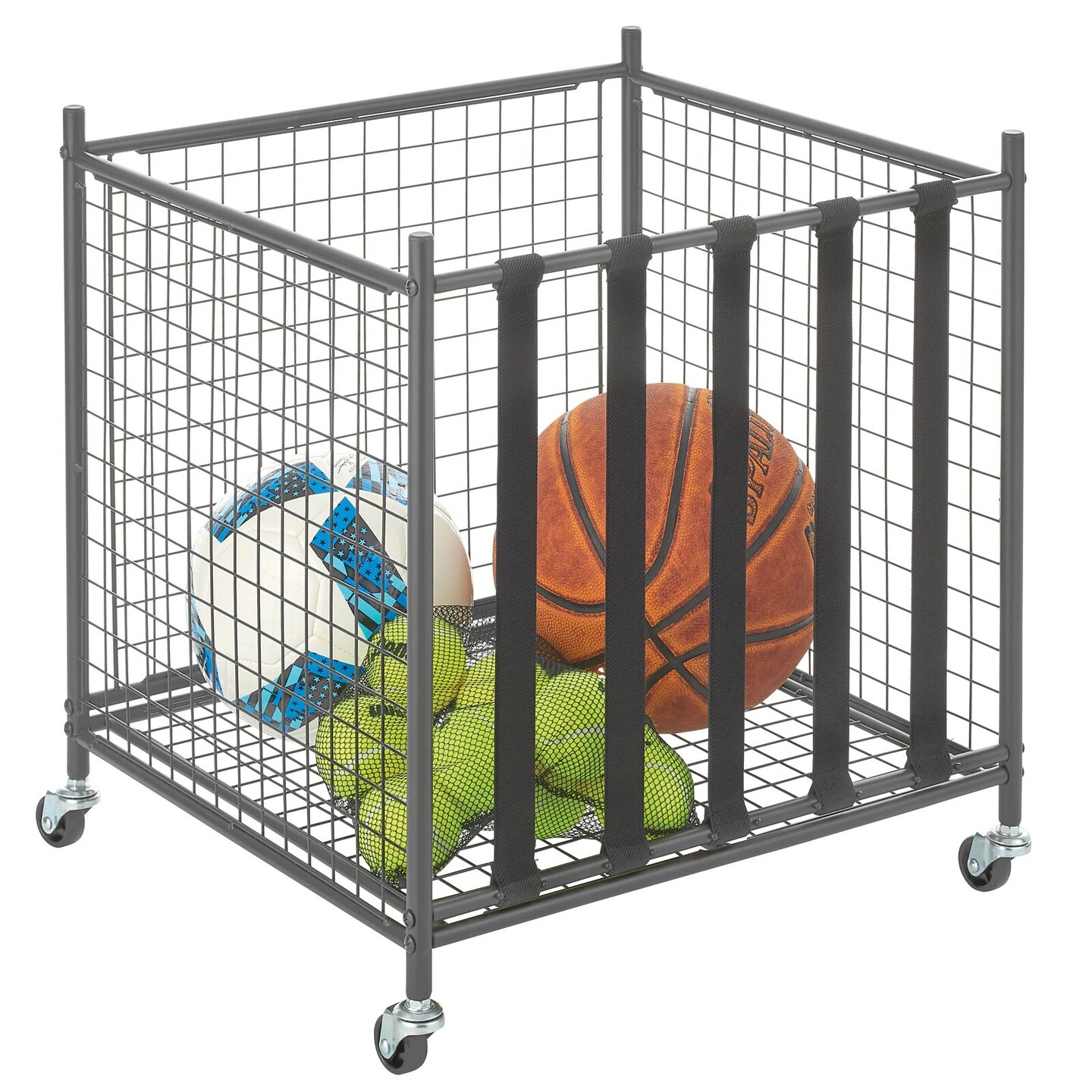 mDesign Metal Rolling Sports Equipment Storage Holder Rack with 4