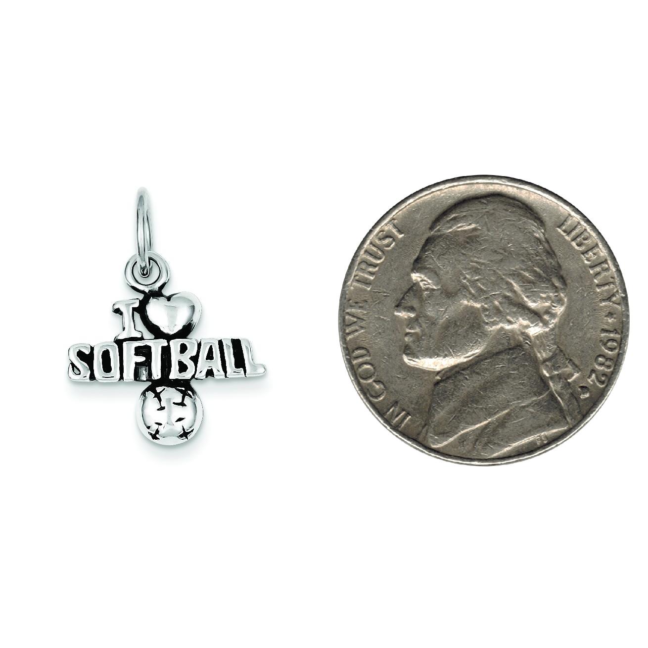 Sterling Silver Antiqued I Love Softball Charm Pendant Jewerly 17mm x 18mm