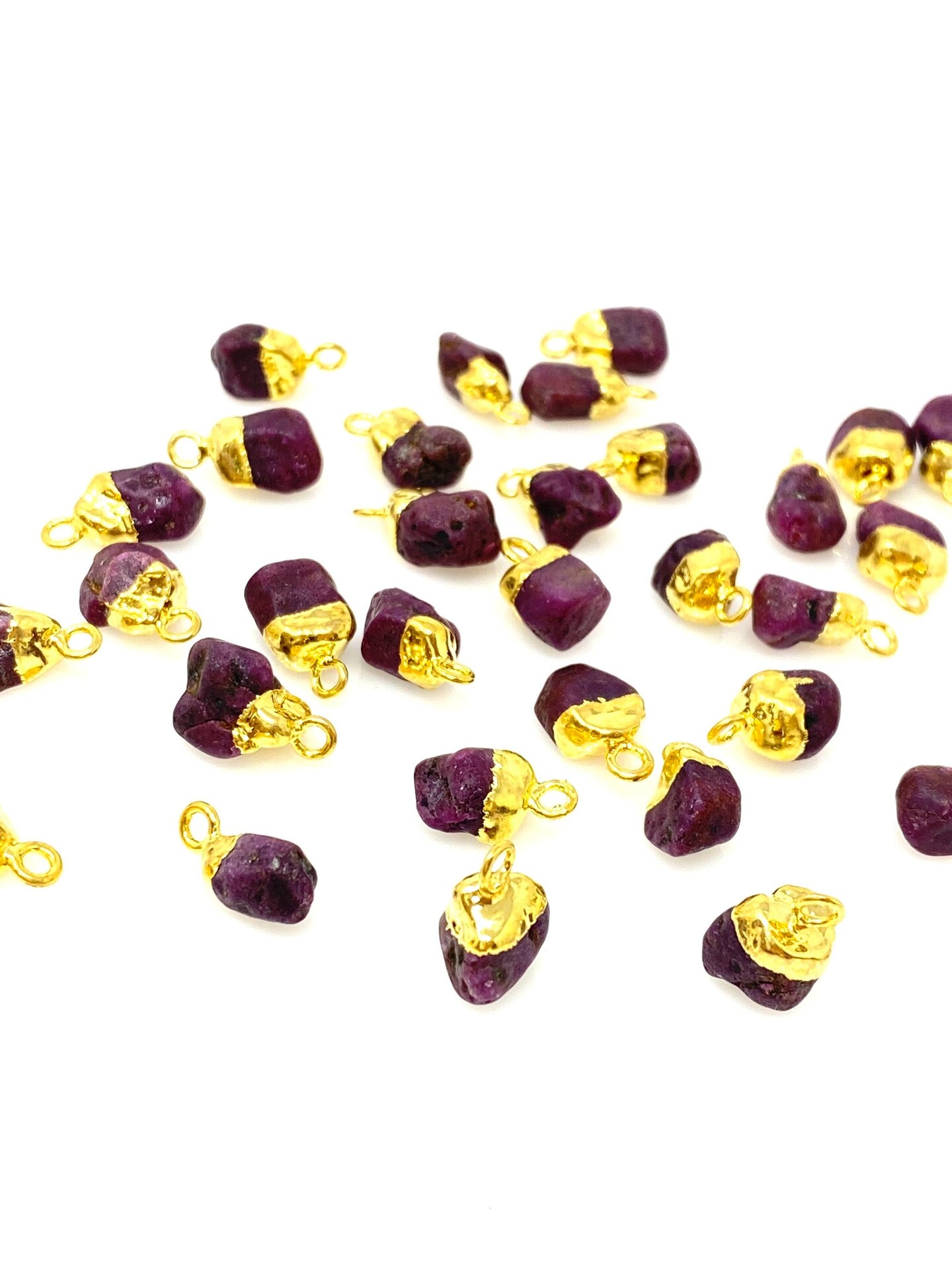 Rough Gold Electroplated Ruby Gemstone Cap Charms, Red - 12mm- 15mm - 10 Pieces