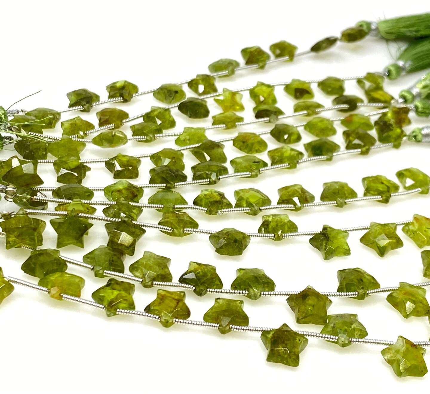 Rare Peridot Gemstone, Hand Carved Star Beads, Green - 5 Strand/ 10 Beads, 10mm