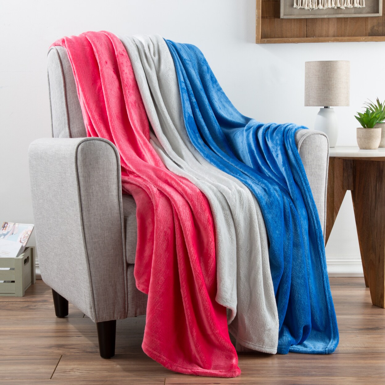 Lavish Home Fleece Throw Blanket- Set of 3- Blue Gray and Pink Plush 60 x 50 Throw Blankets- Soft and Cozy