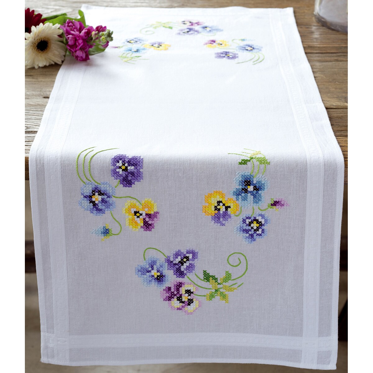 Vervaco Stamped Table Runner Cross Stitch Kit 16"X40"-Pretty Pansies