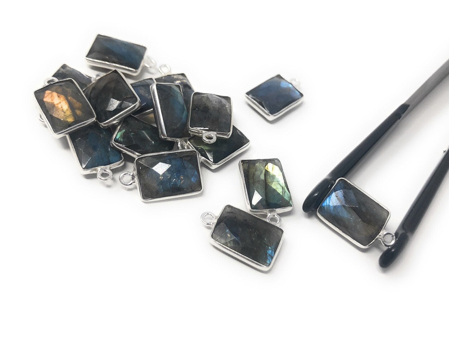 Labradorite Gemstone Sterling Silver Briolette Charms, Pewter - 16x9mm - 4 Pieces