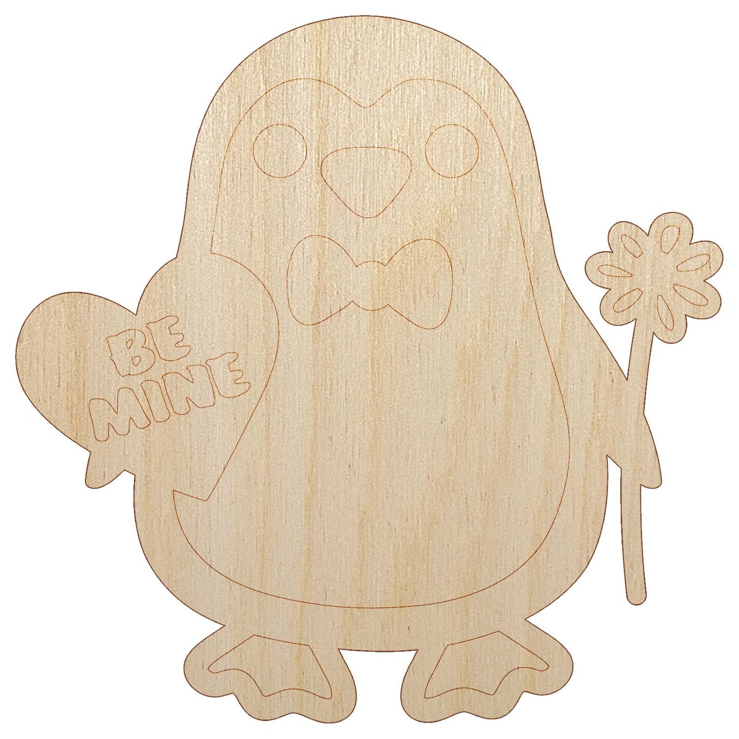 Penguin with Heart and Flower Valentine Unfinished Wood Shape Piece Cutout for DIY Craft Projects