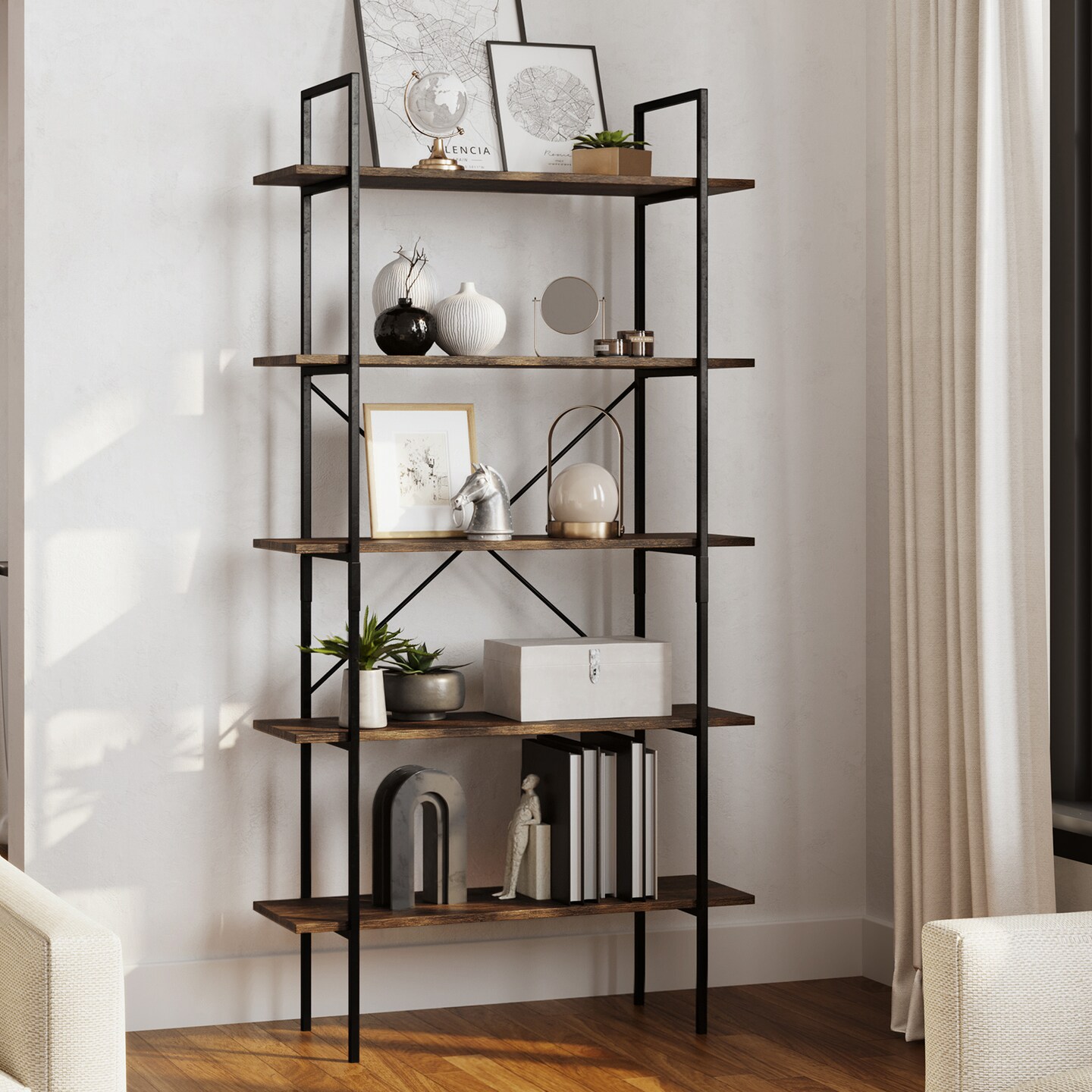 Lavish Home 5-Tier Open Industrial Style Wooden Bookshelf, Gray Woodgrain