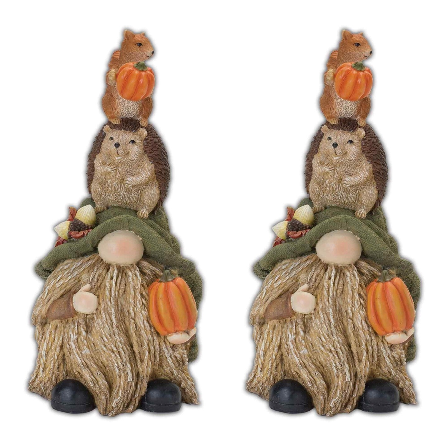 Melrose Set of 2 Stacked Gnome with Animals Tabletop Fall Harvest Figurines 11&#x22;