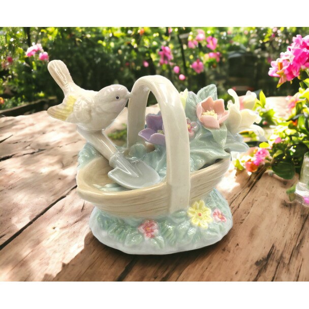Ceramic Goldfinch Bird Figurine Floral Basket 3.5 Inch Vintage Gift
