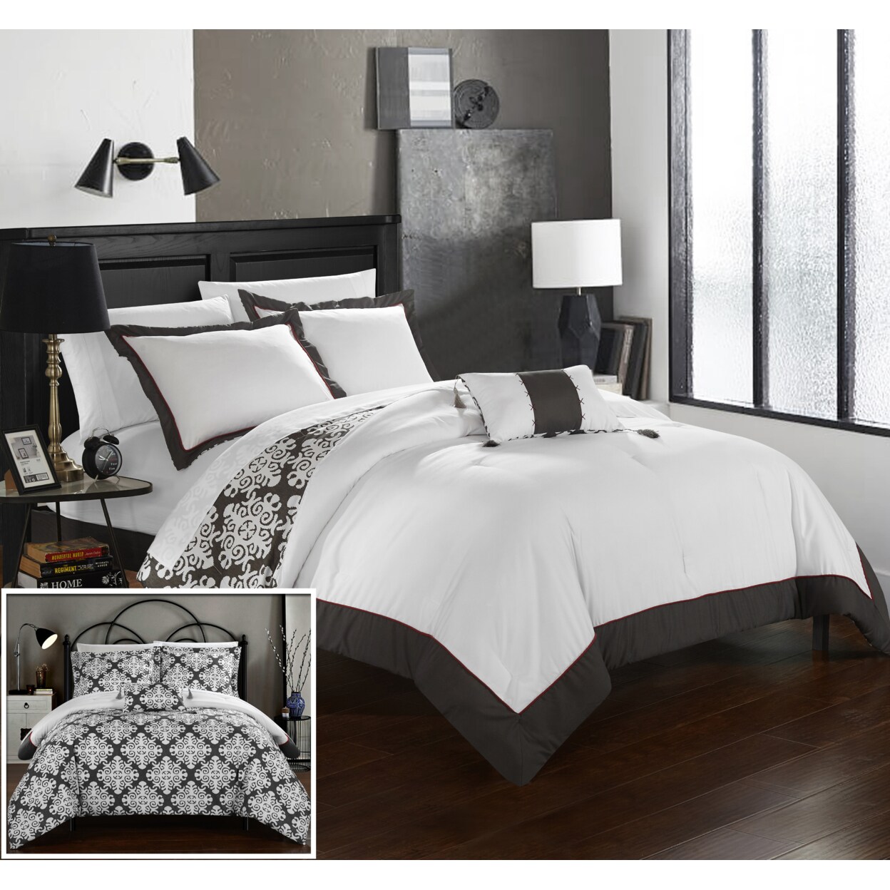 Chic Home 8 Piece Mallow Black and White REVERSIBLE Medallion printed PLUSH Hotel Collection Bed In a Bag Duvet Set With