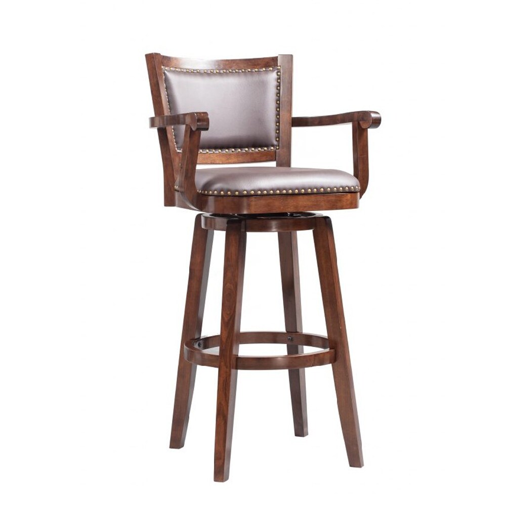 Saltoro Sherpi Nailhead Trim Faux Leather Upholstered Barstool with Wooden Arms, Dark Brown-