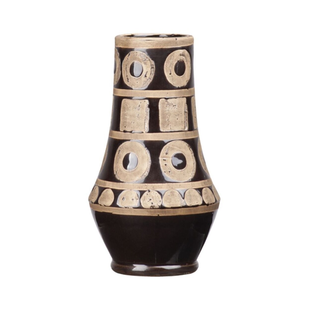 Urban Trends Collection Ceramic Round Vase with Narrow Mouth, Rough Tribal Shape Pattern Design Body and Tapered Bottom Gloss Finish Black