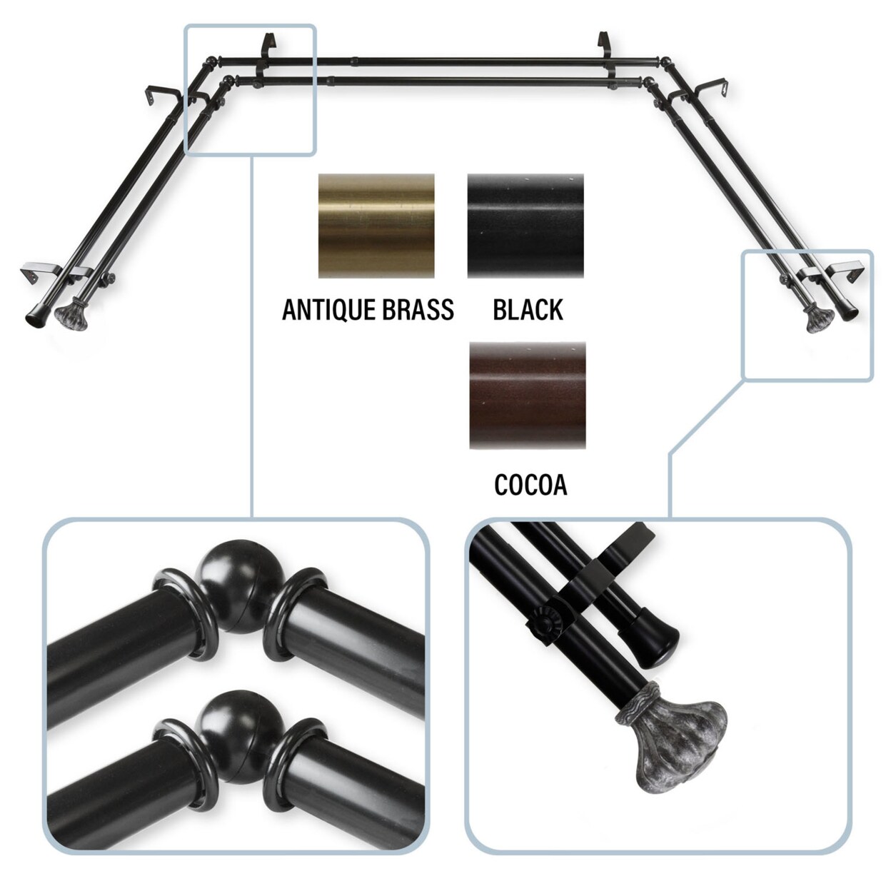 Rod Desyne   Flair 13 by 16&#x22; Bay Window Double Curtain Rod  20&#x22;-36&#x22;, 38&#x22;-72&#x22;