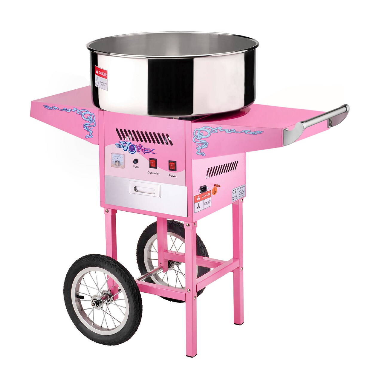 Cotton Candy Machine With Cart Pink Stainless Steel 950W 13In Wheels 2 Trays