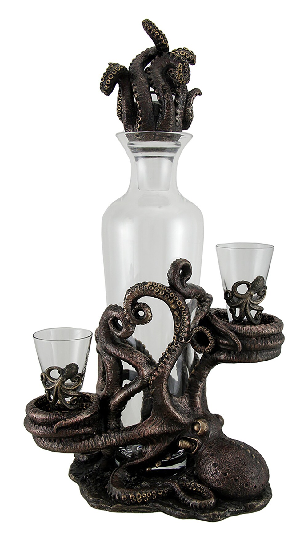 Octopus Spirit Decorative Antique Bronze Finish Statue and Glass Decanter Set