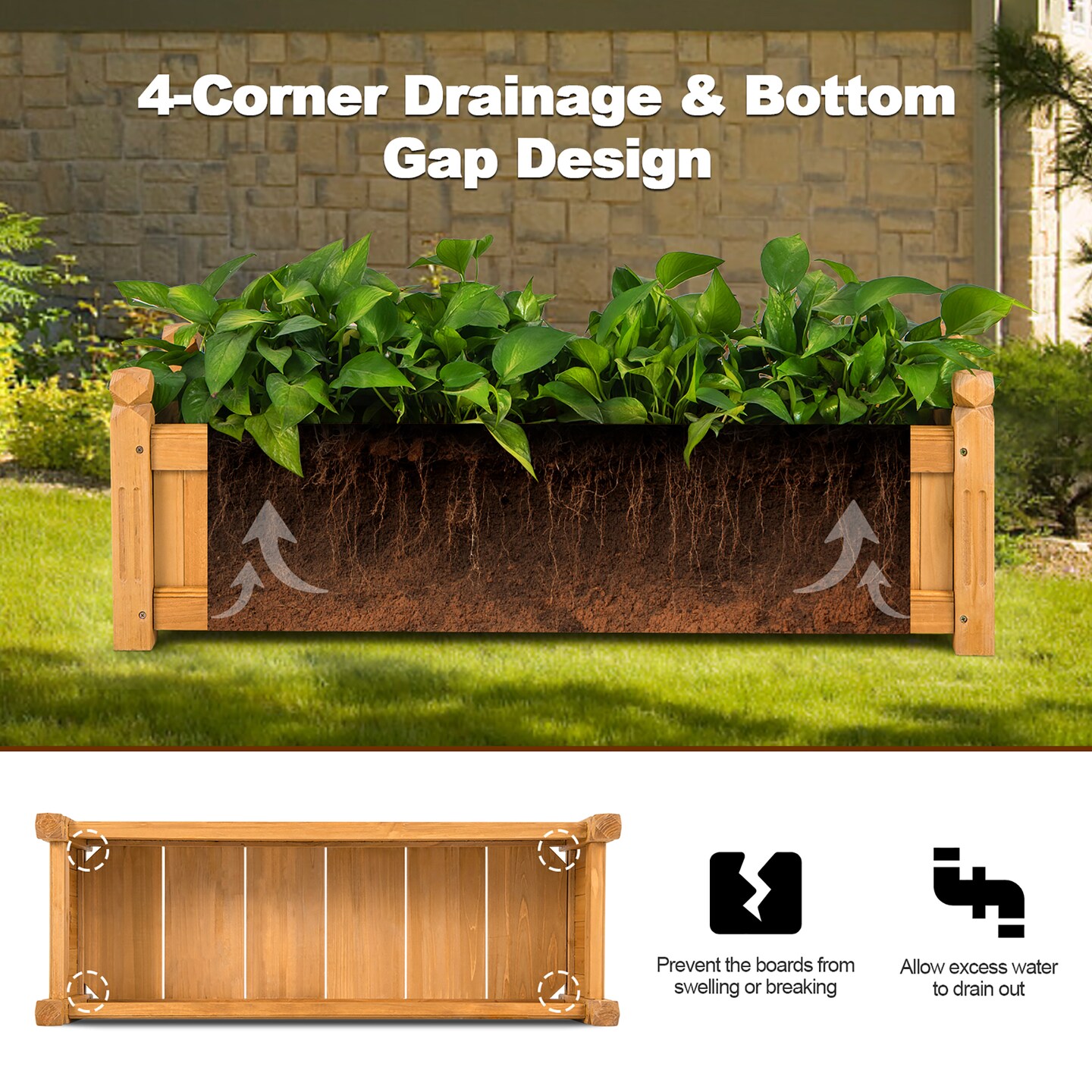 Costway Wooden Rectangular Planter Box Raised Garden Bed for Plants with 4 Corner Drainage
