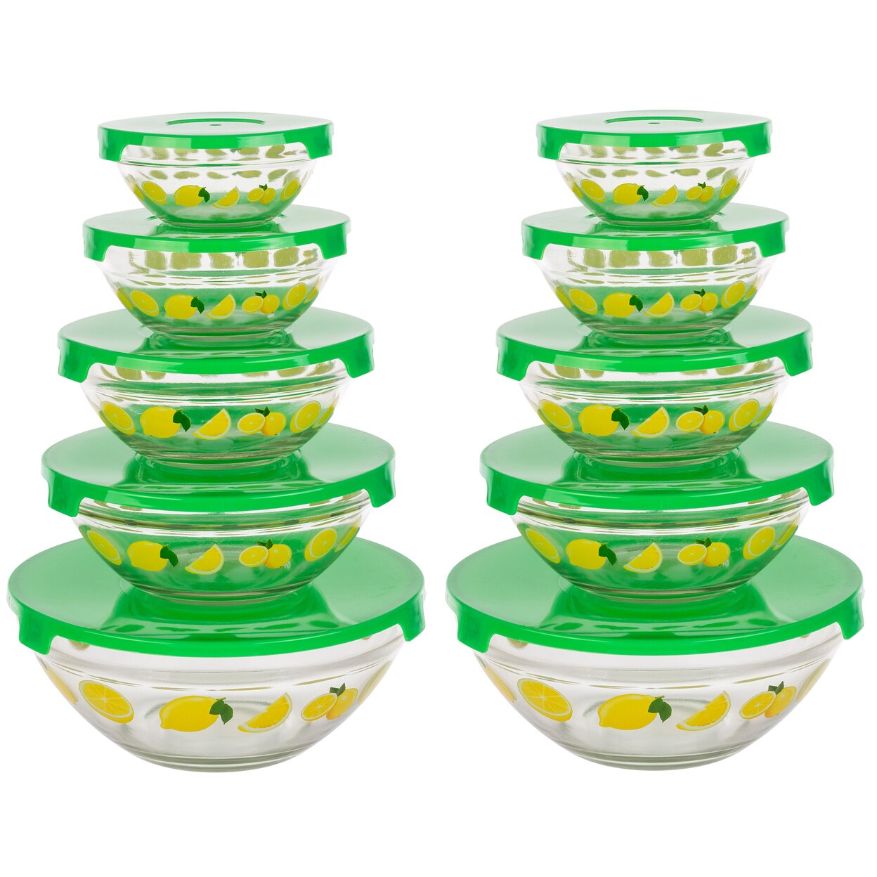 20-Piece Glass Mixing Bowls Set With Lids Lemon Design Multiple Sizes Storage