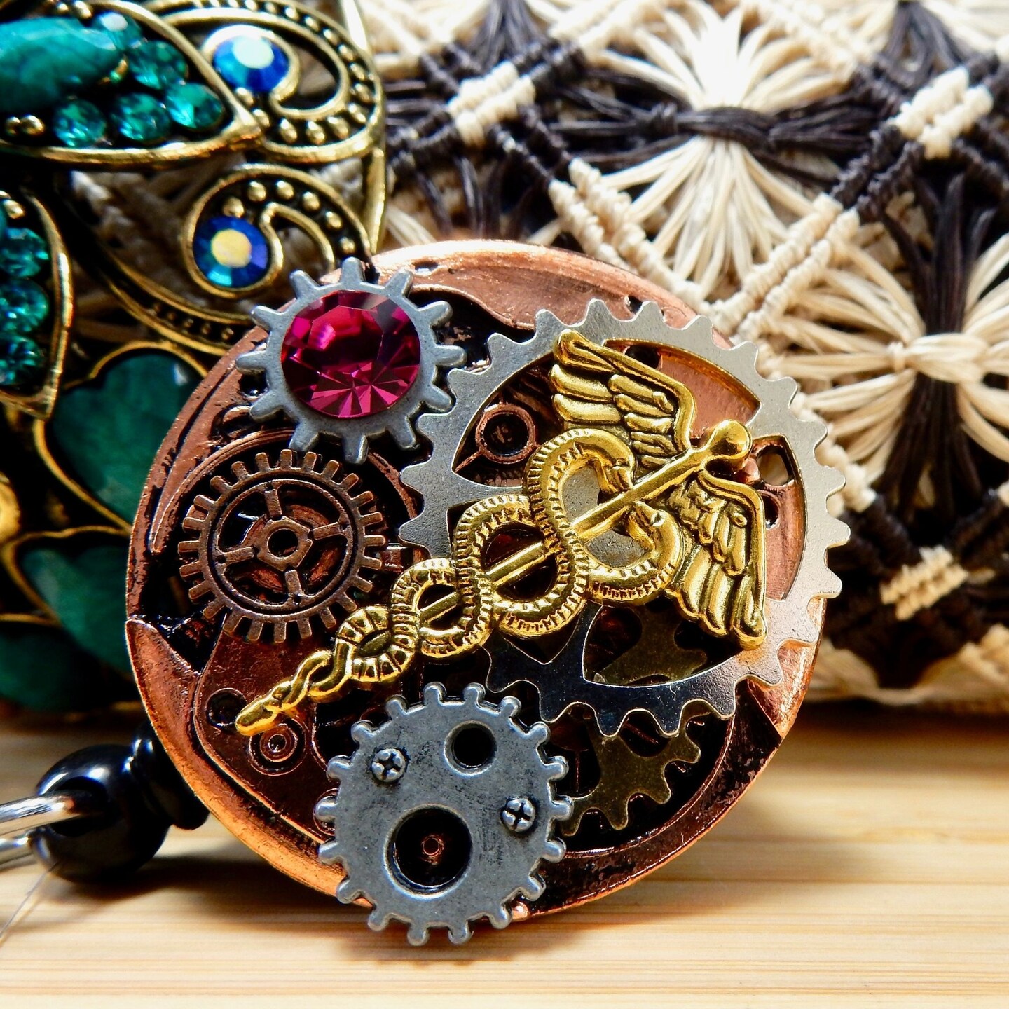 Badge Reel with Crystal, Steampunk Caduceus Nursing Gift, Personalized Nurse Badge Holder