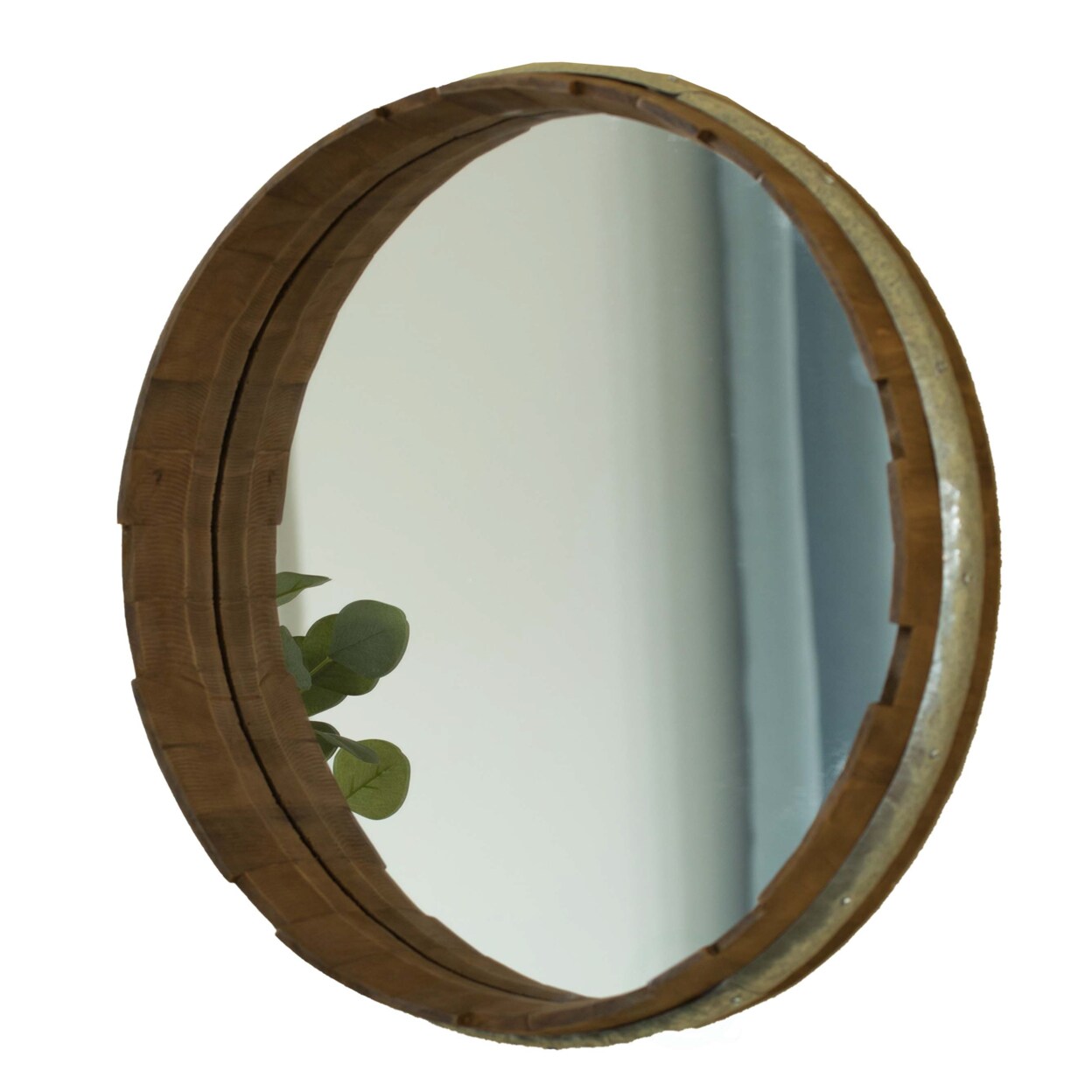 Rustic Round Wood Galvanized Metal Wall Mirror 24&#x22; Vintage Barrel Design