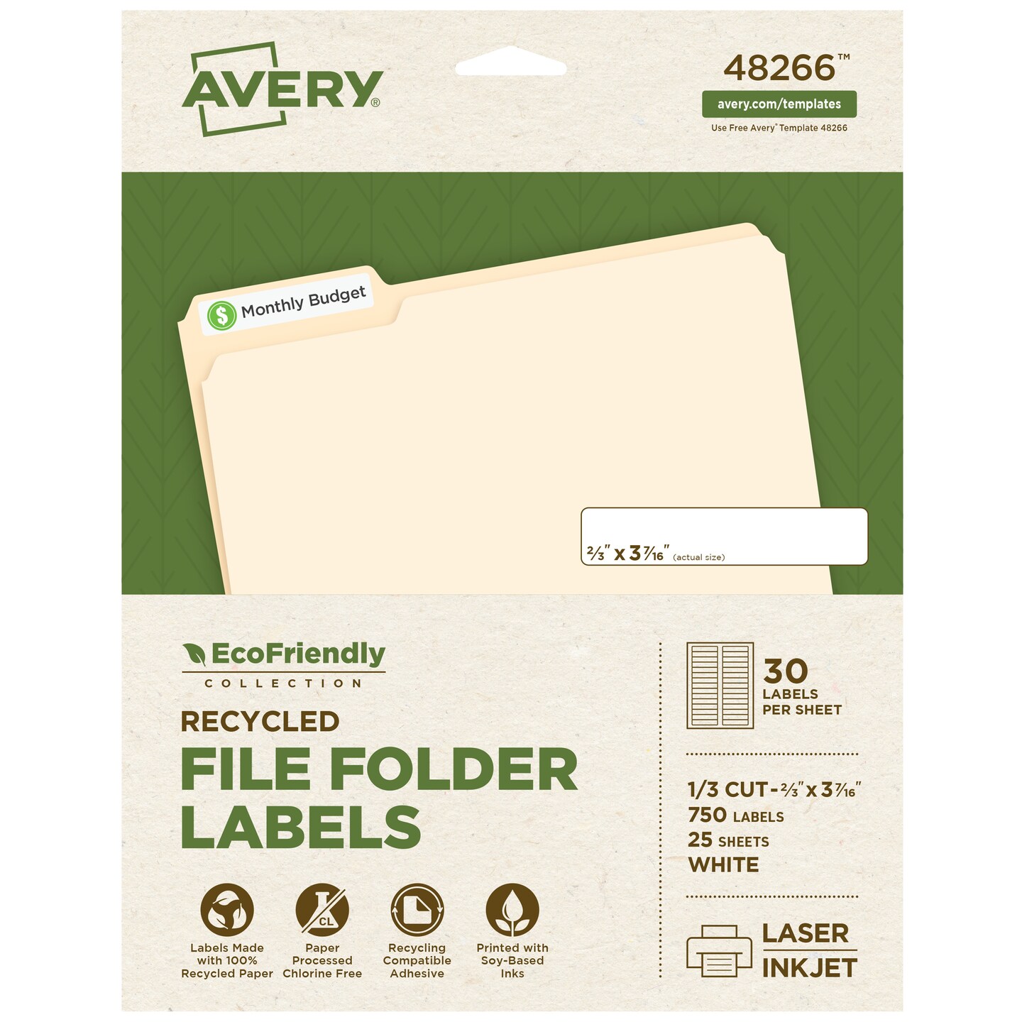 Avery EcoFriendly Recycled File Folder Labels, 2/3