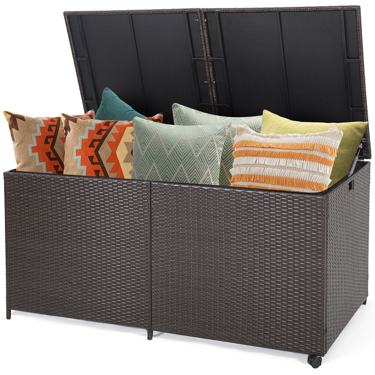Patio 175 Gallon Rattan Wicker Storage Deck Box Container Wheels W/ Liner Garden