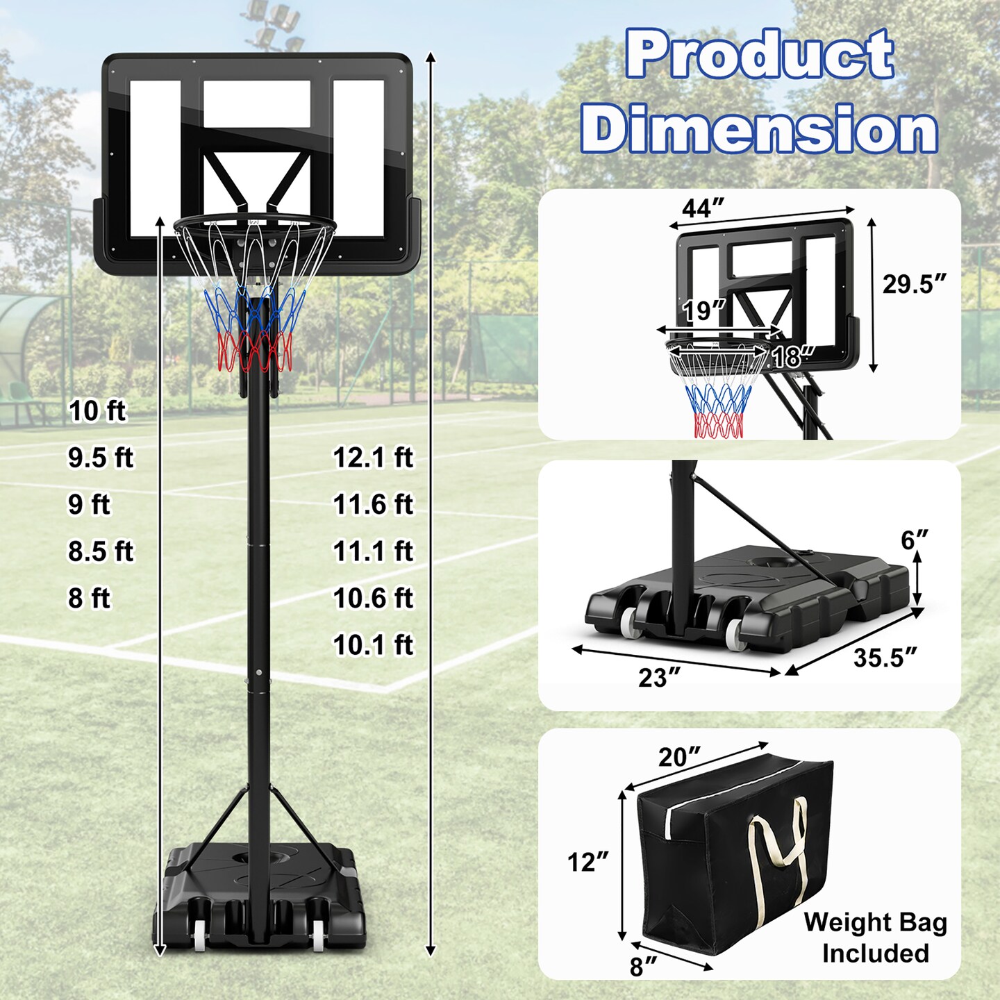 Costway 44&#x27;&#x27; Portable Adjustable Basketball Goal Hoop Stand System withSecure Bag Outdoor