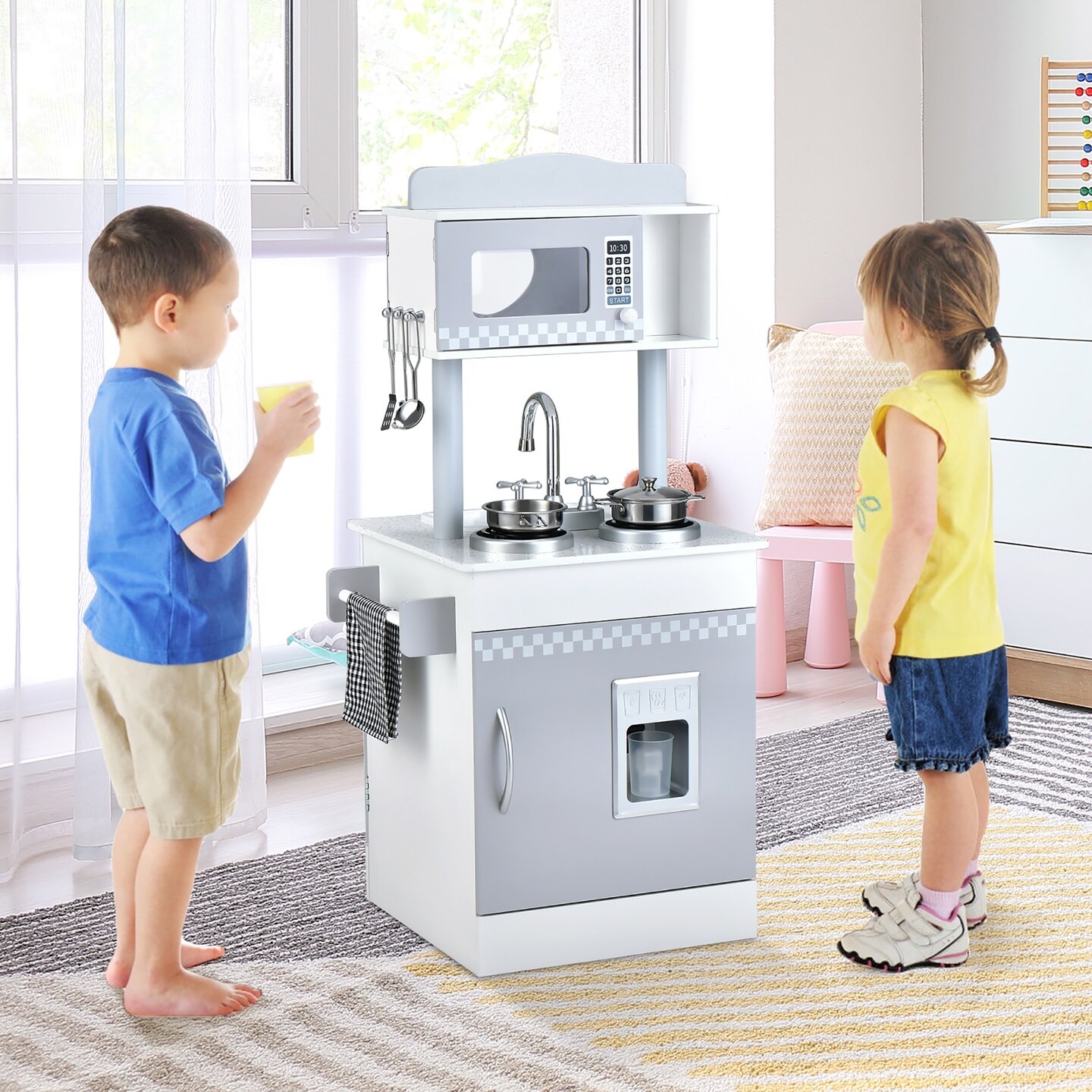 Costway Kids Kitchen PlaySet Pretend Wooden Play Kitchen with IceDispenser&#x26;Stovefor Toddler