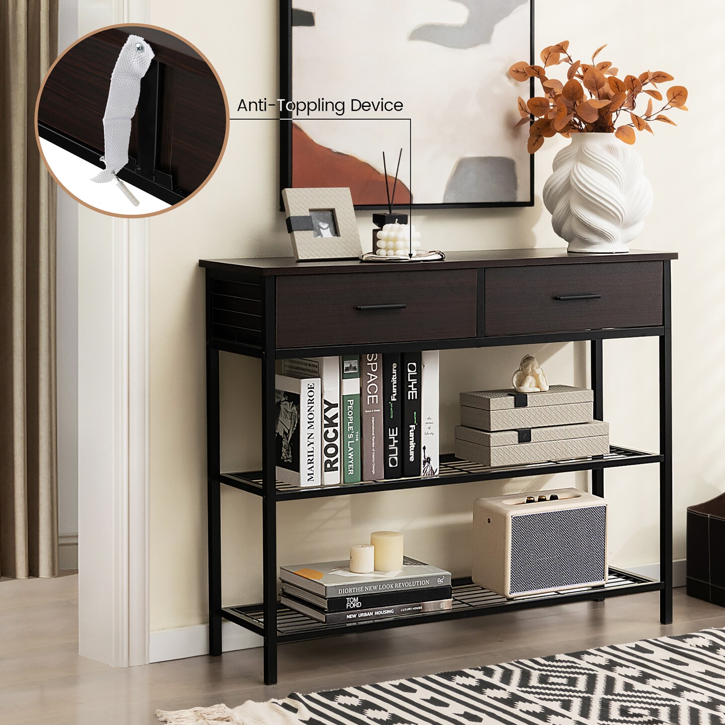 Costway Console Entryway Sofa Table with 2 Drawers for Entrance Living Room Rustic Brown/Walnut