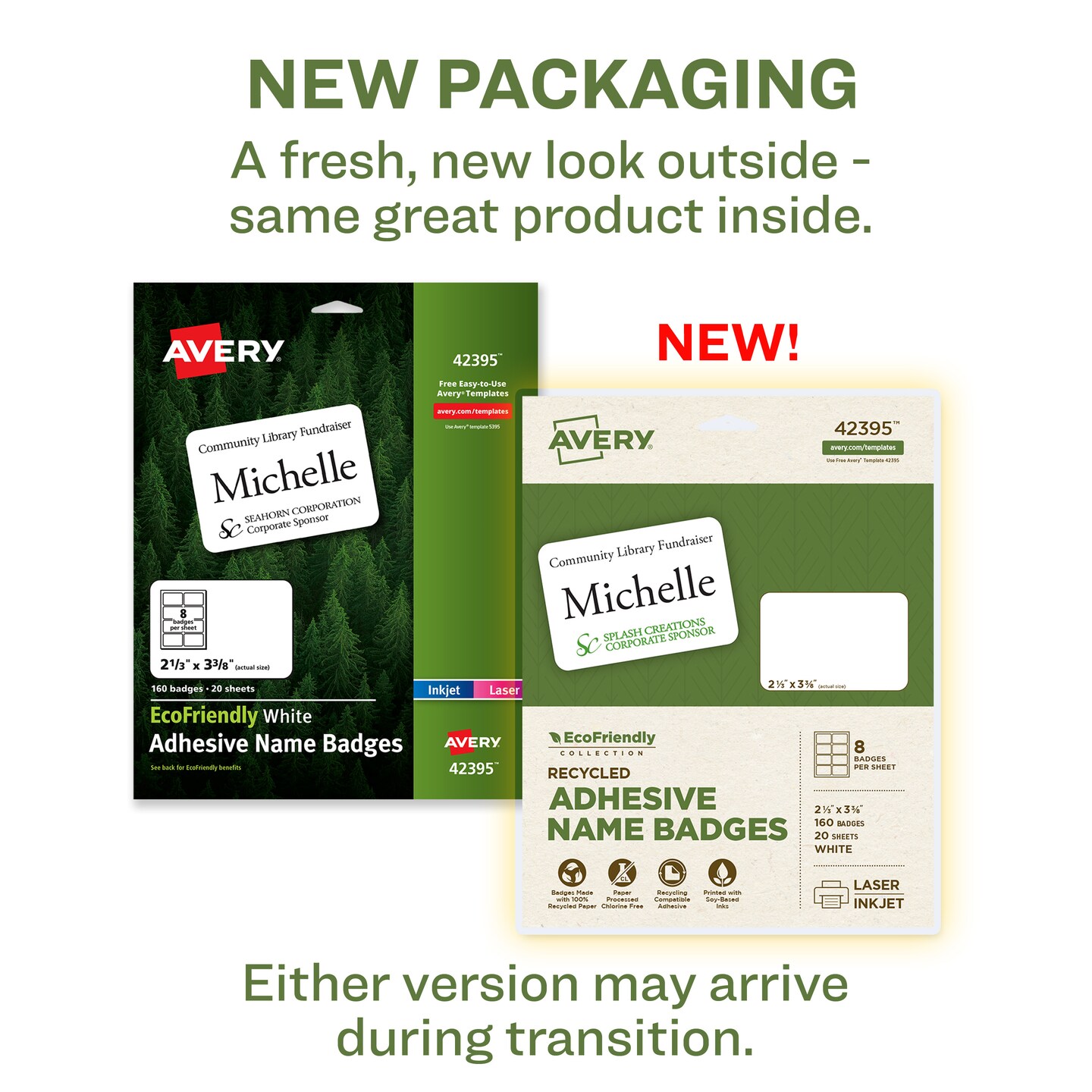 Avery EcoFriendly Recycled Name Tags, 2-1/3&#x22; x 3-3/8&#x22;, White, Removable Adhesive, 160 Printable Name Badges (42395)