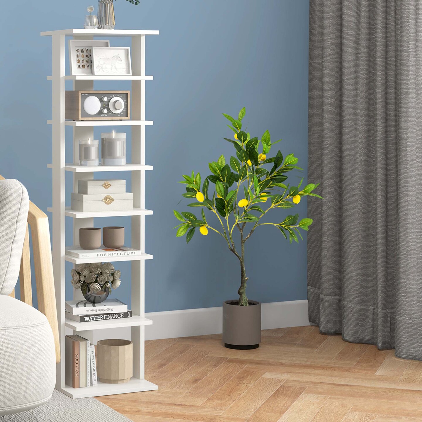 Costway 1/2 PCS 2.6 FT Tall Artificial Lemon Tree with Lemon Fruits, Cement Pot for Porch, Office