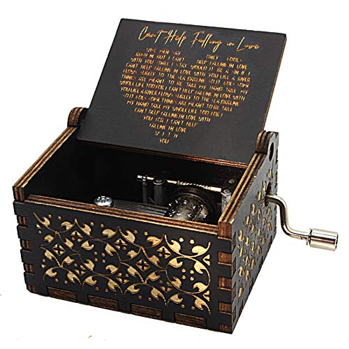 Can&#x27;t Help Falling in Love Wood Music Box, Antique Engraved Musical Boxes Case for Love One Wooden Music Box - Gifts for Lover, Boyfriend, Girlfriend, Husband, Wife (BLACK)