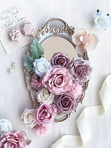 FACINOC Roses Artificial Flowers Pink Bouquet Combo Box Set Fake Flowers Bulk for DIY Bridal Wedding Shower Decorations Centerpieces for Table Fake Floral Arrangement for Party Home Decor Indoor