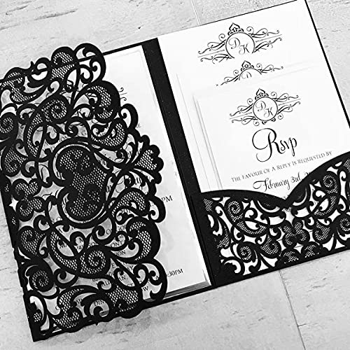 NC Cylallen 50 Sets Tri fold Love Hollow Laser cut Pocket Wedding Invite Invitation Card Jacket for Party Birthday Quincea&#xF1;era Invite 4.92 by 7.28 inches (Black, Only Invitation cover)