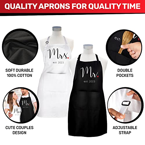 Prazoli His and Her Aprons - Mr Mrs Established 2023 Couples Engagement Gift, Cute Bridal Shower Gift Anniversary Wedding Registry Items &#x26; Decoration, Housewarming Gifts For New Home Newlywed Gift