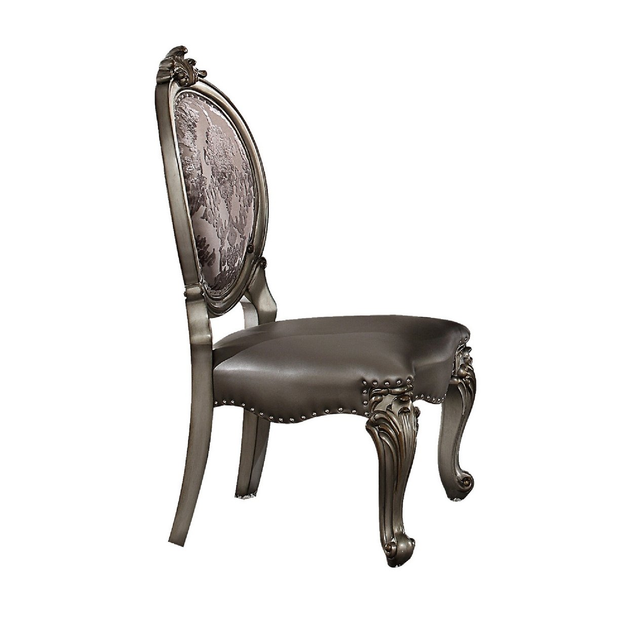 Saltoro Sherpi Dining Chair, Vegan Leather, Cabriole Legs, Set of 2, Silver-