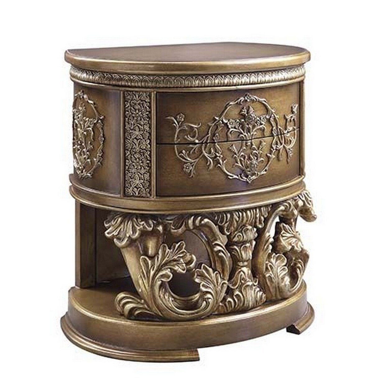 Saltoro Sherpi Nightstand with Scrolled Carvings and Half Moon Shape, Antique Gold-
