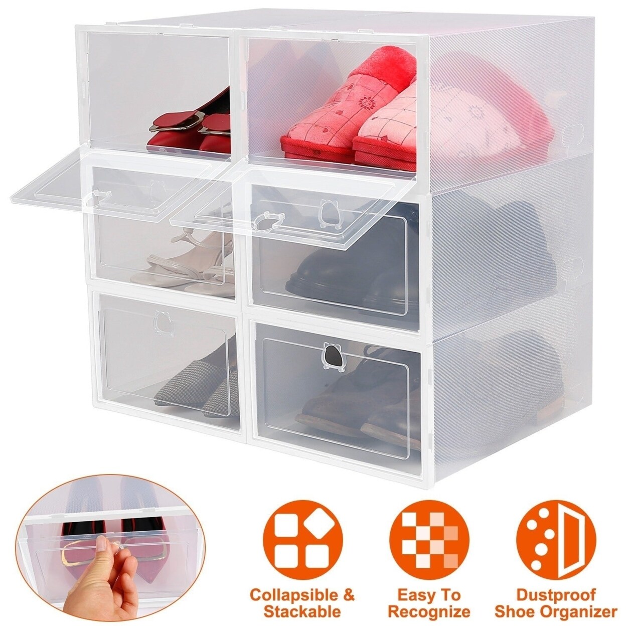 SKUSHOPS 6Pcs Collapsible Shoe Box Stackable Shoe Storage Bin Transparent  Dustproof PP Shoe Organizer Container