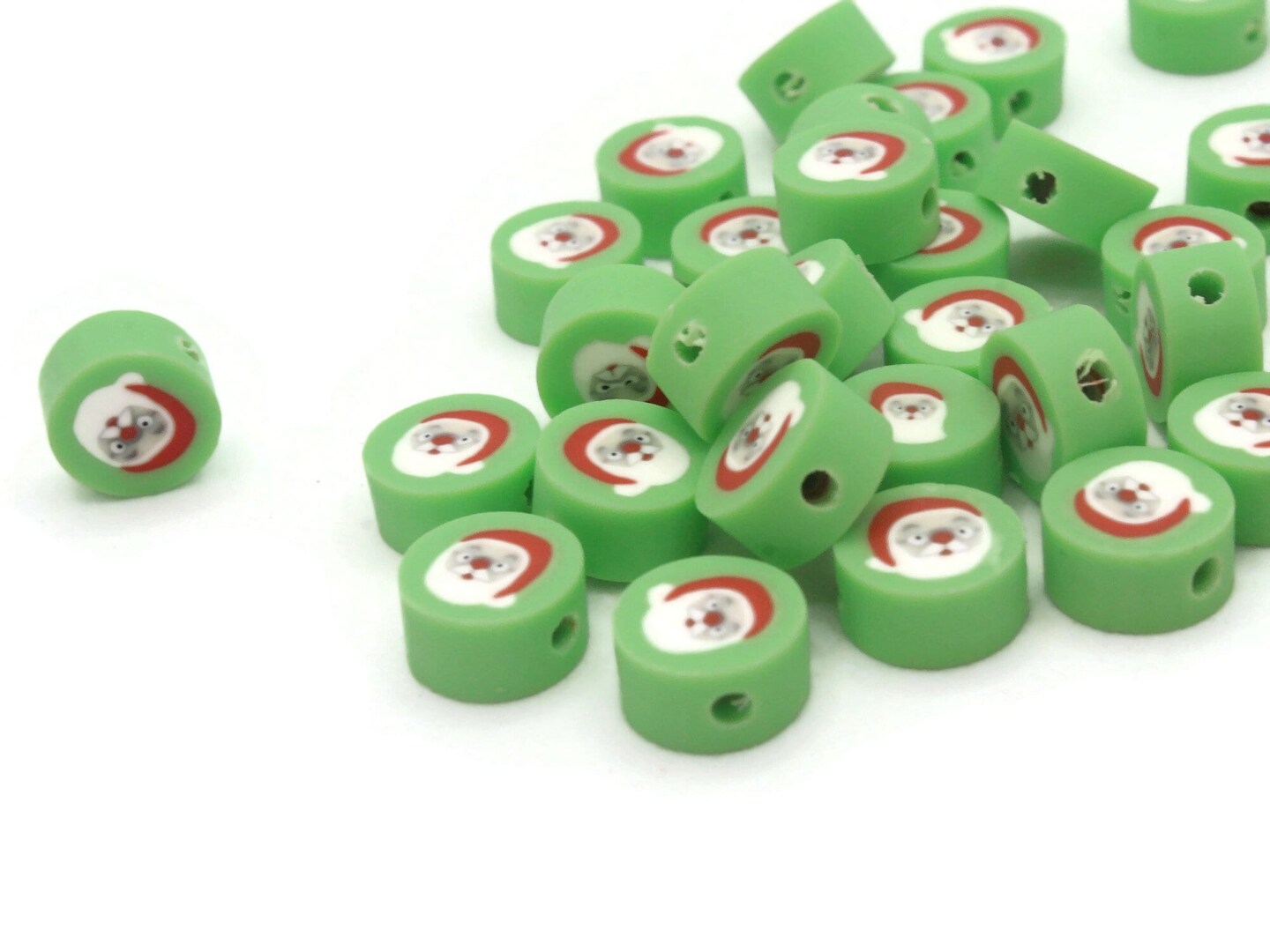 30 Santa Claus Polymer Clay Green Red and White Christmas Beads